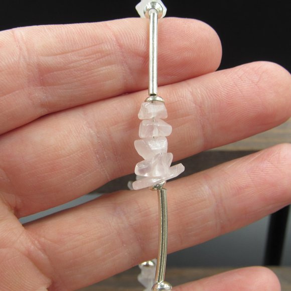 7" Sterling Silver Simple Rose Quartz Chips Bracelet Vintage - Picture 2 of 6